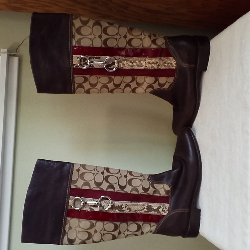 Coach Leather And Canvas Logo Riding Boots With Metal Bit Decoration Size 8